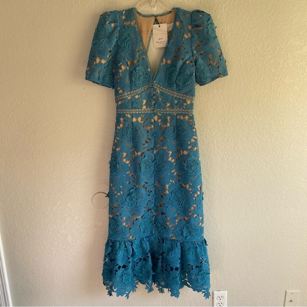 Adelyn Rae Wanda Floral Lace Puff Sleeve Dress in Teal